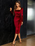 Elegant Wine Velvet Midi Party Dress for Women with Long Sleeves and Square Collar